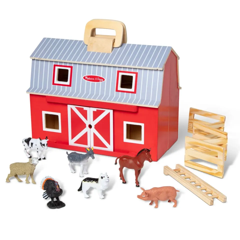 Melissa & Doug Fold & Go Barn Bauernhof Holz mit 7 Tieren