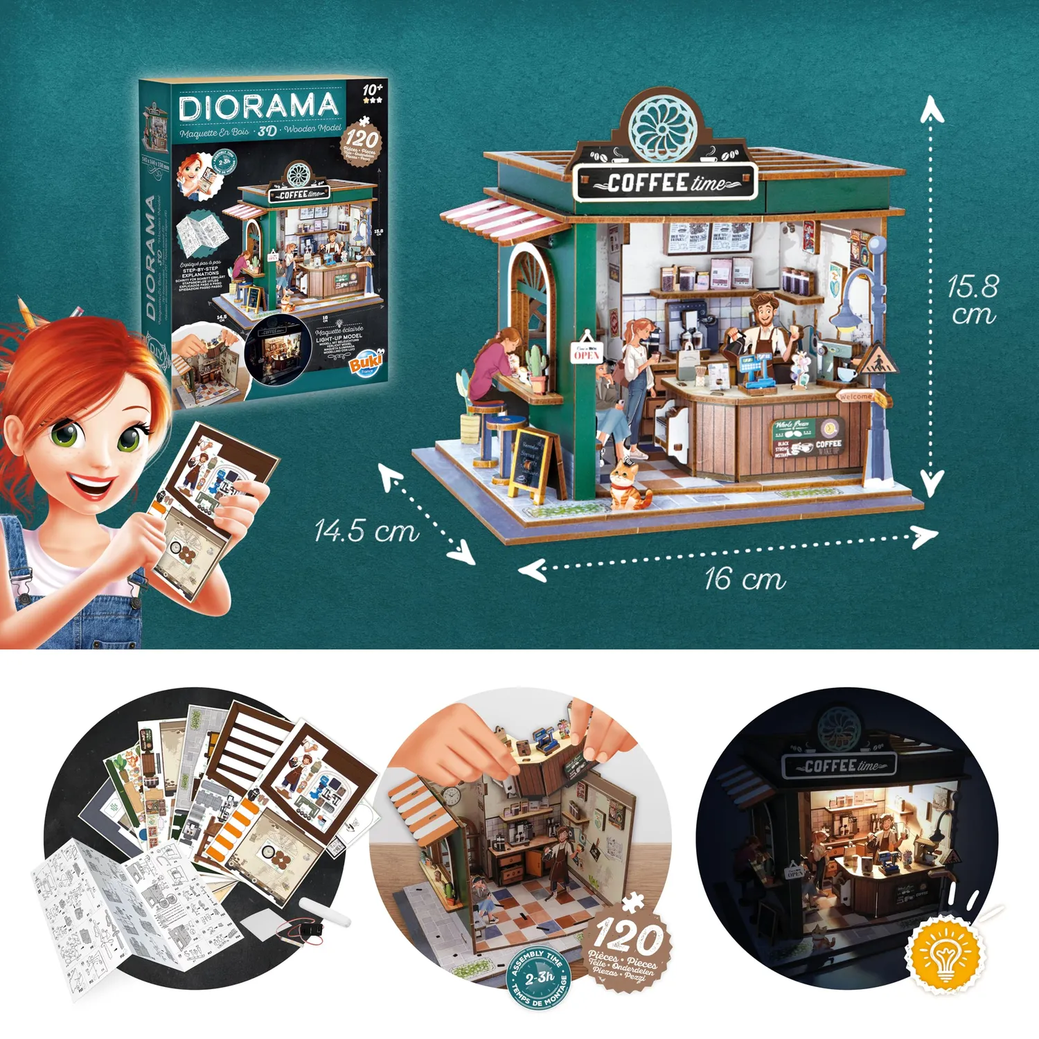 Buki 68072 Diorama Café Holz-Bausatz 120 Teile LED
