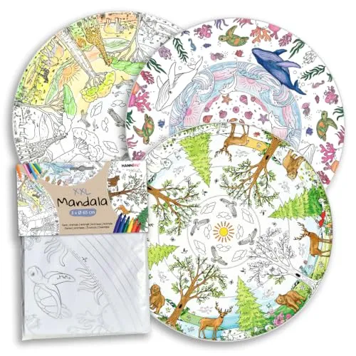 HANNIline XXL Mandala Tiere Ausmalposter 3er Set Ø 65 cm