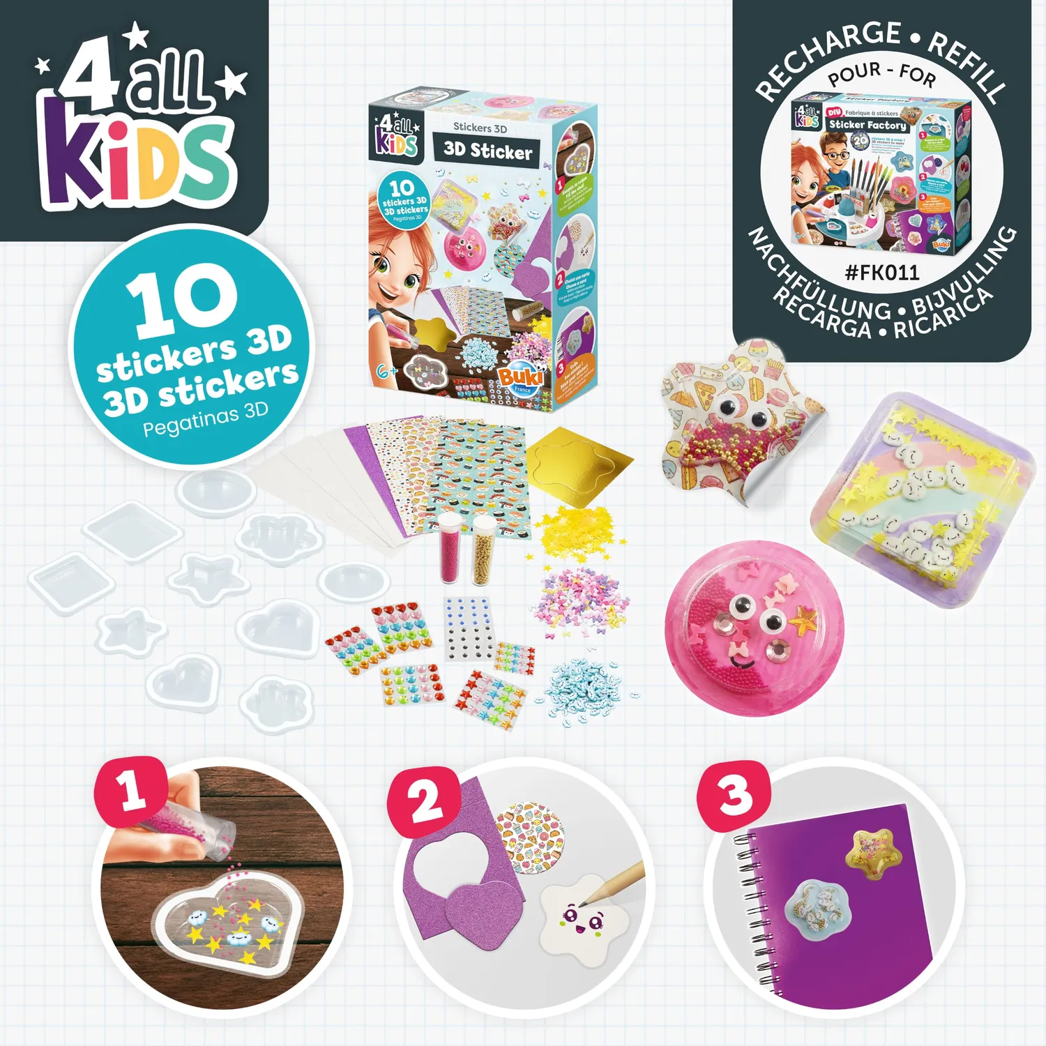 Buki France Kawaii FK026 Bastelset 10 3D-Sticker Glitzer