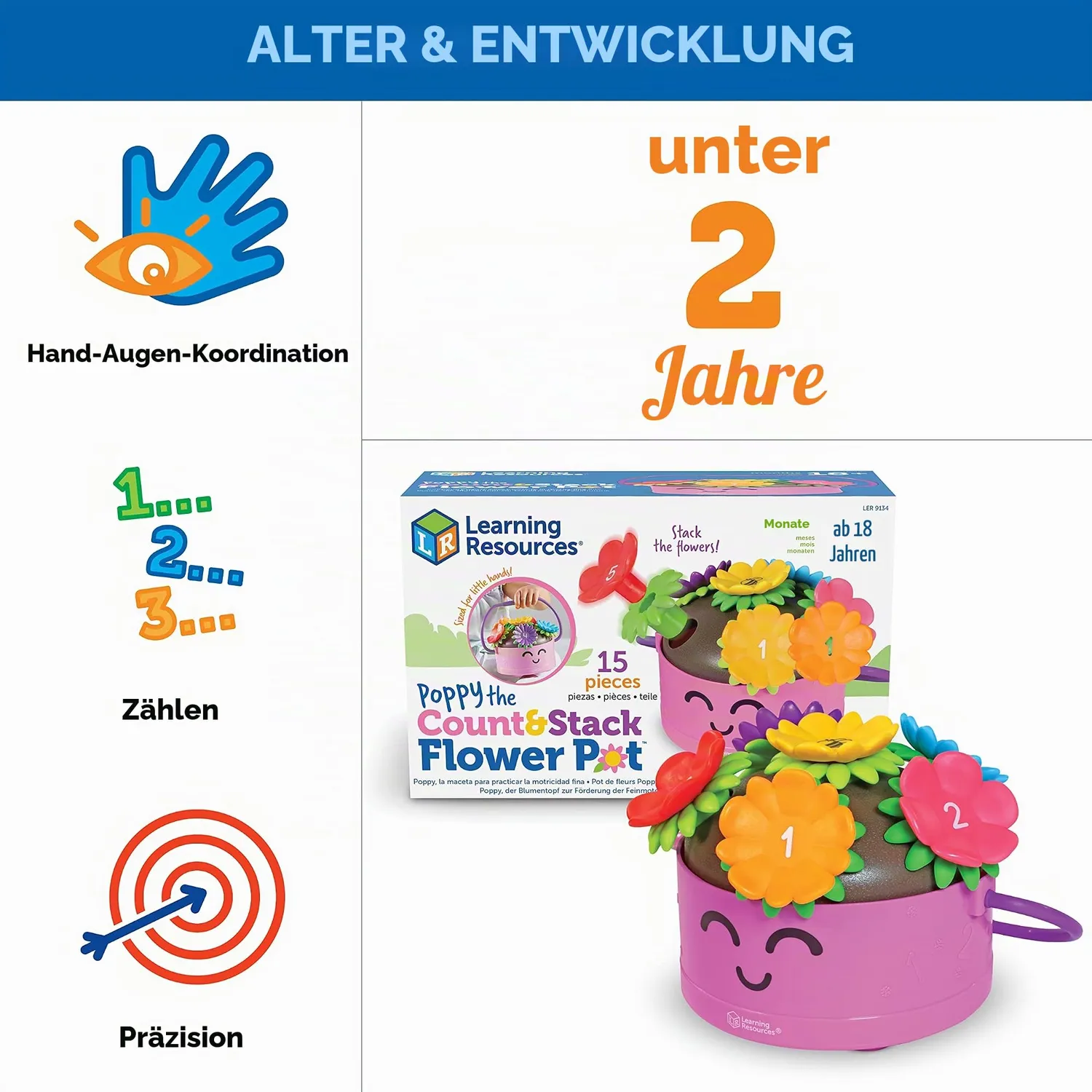 Learning Resources Poppy Blumentopf Steckspiel 15 Teile Farben Zählen