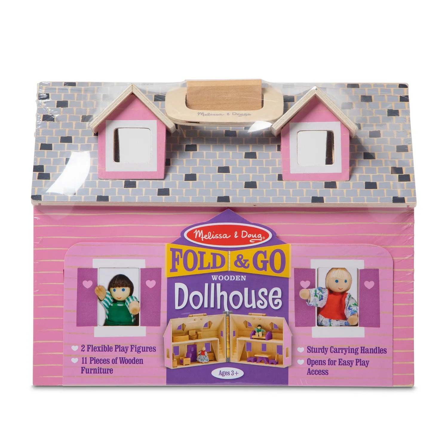 Melissa & Doug Fold Go Puppenhaus Holz klappbar mit Möbeln