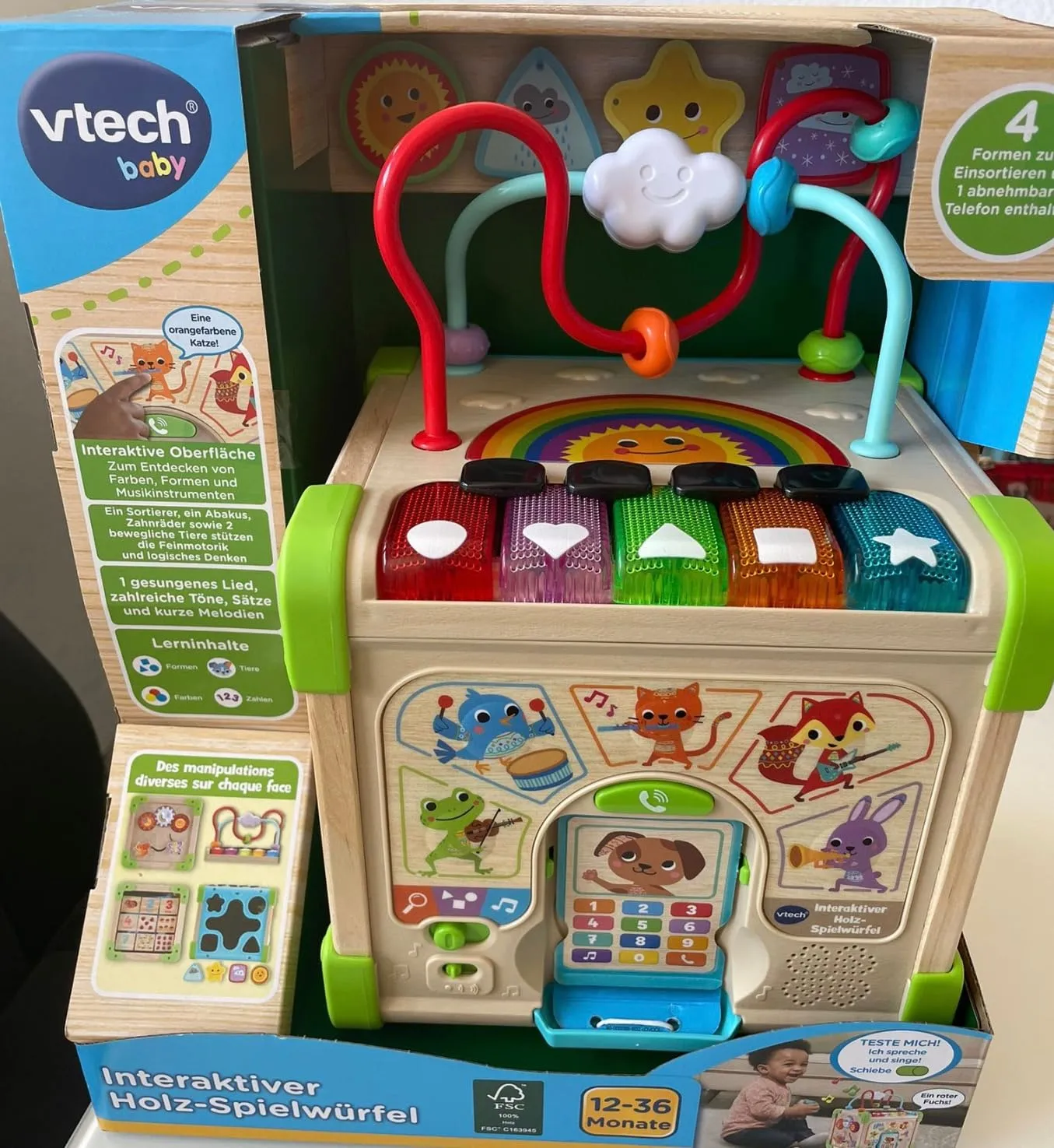 VTech Holz-Spielwürfel Interaktiv FSC Lernwürfel 12-36 Monate