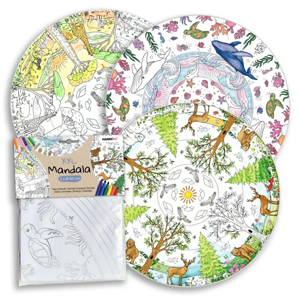 HANNIline XXL Mandala Tiere Ausmalposter 3er Set Ø 65 cm