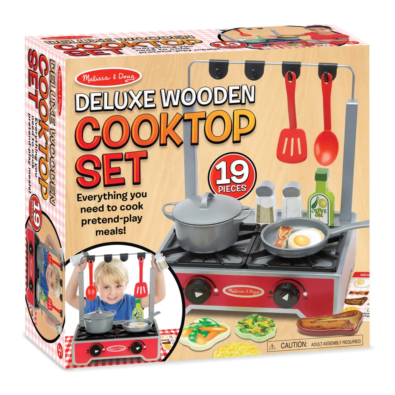 Melissa & Doug Deluxe Cooktop Spielherd Holz 19-teilig wendbar