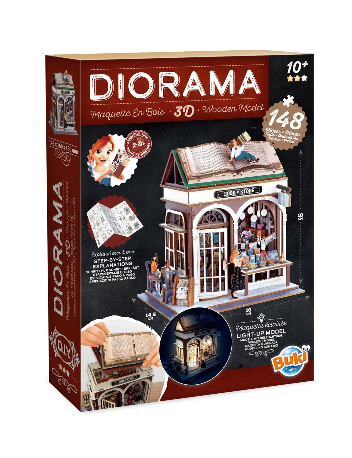 Buki 68074 Diorama Buchhandlung Holz-Bausatz 148 LED