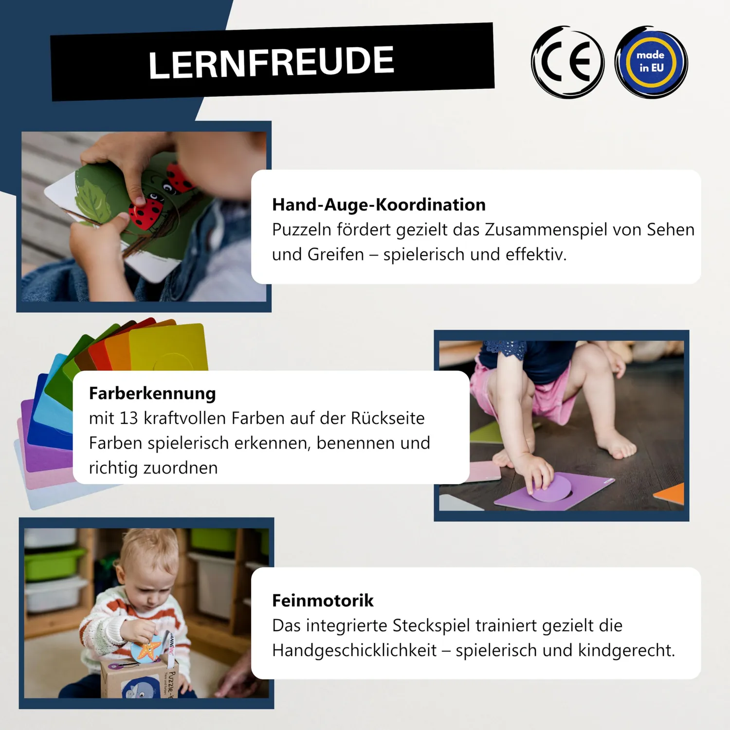 HANNIline Puzzle-Karten Tierpuzzle 13-teilig Farben lernen ab 16 Monaten