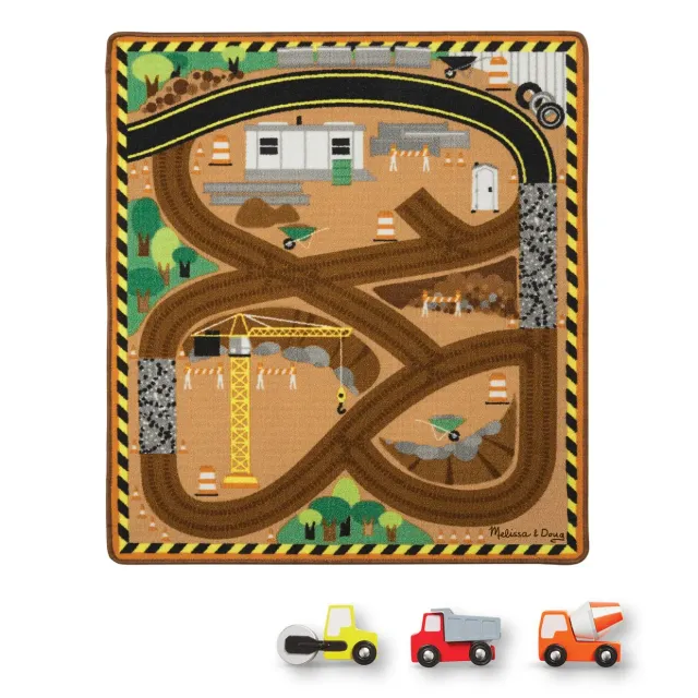 Melissa & Doug Construction Zone Spielteppich + 3 Fahrzeuge