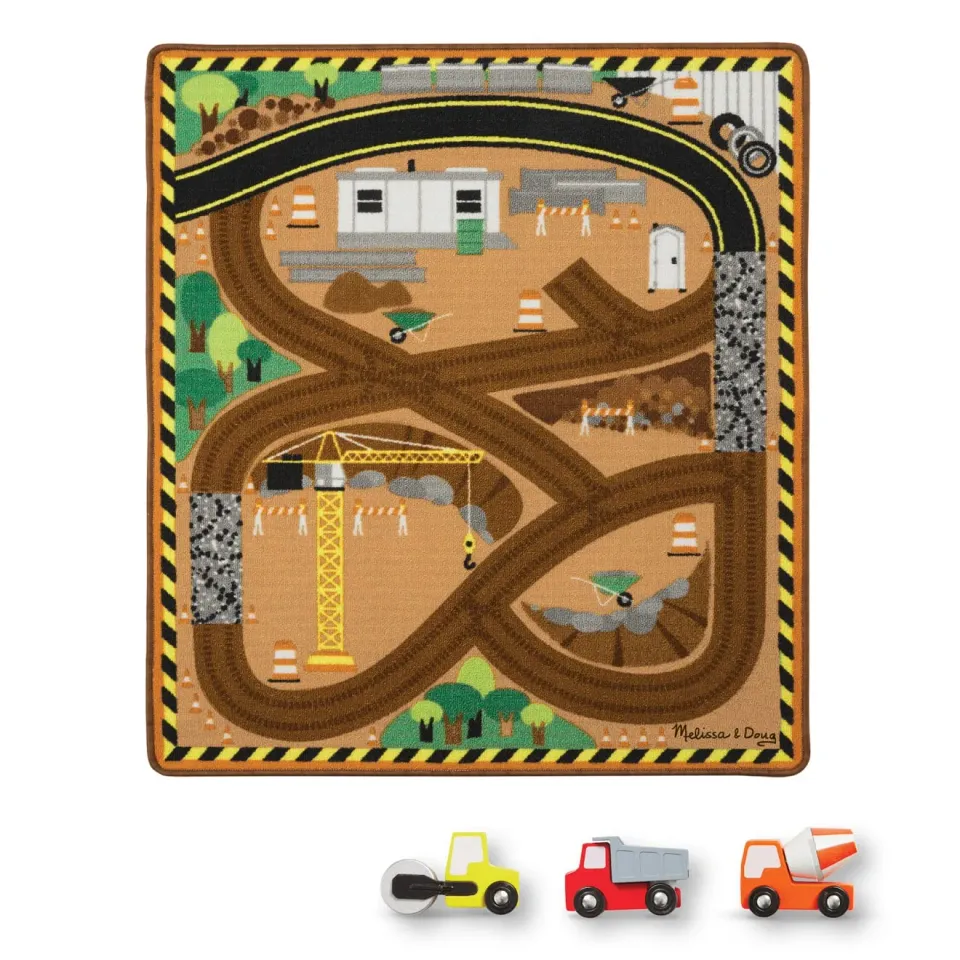 Melissa & Doug Construction Zone Spielteppich + 3 Fahrzeuge
