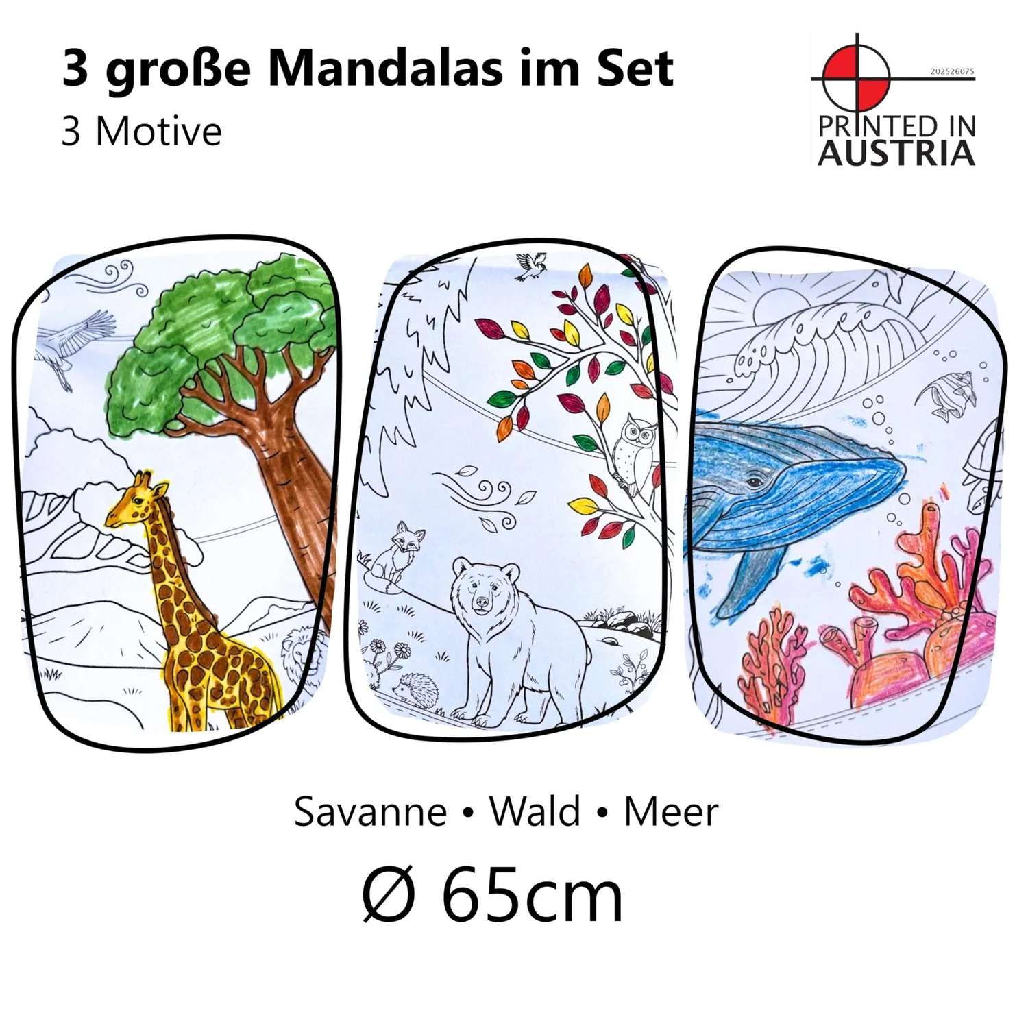 HANNIline XXL Mandala Tiere Ausmalposter 3er Set Ø 65 cm