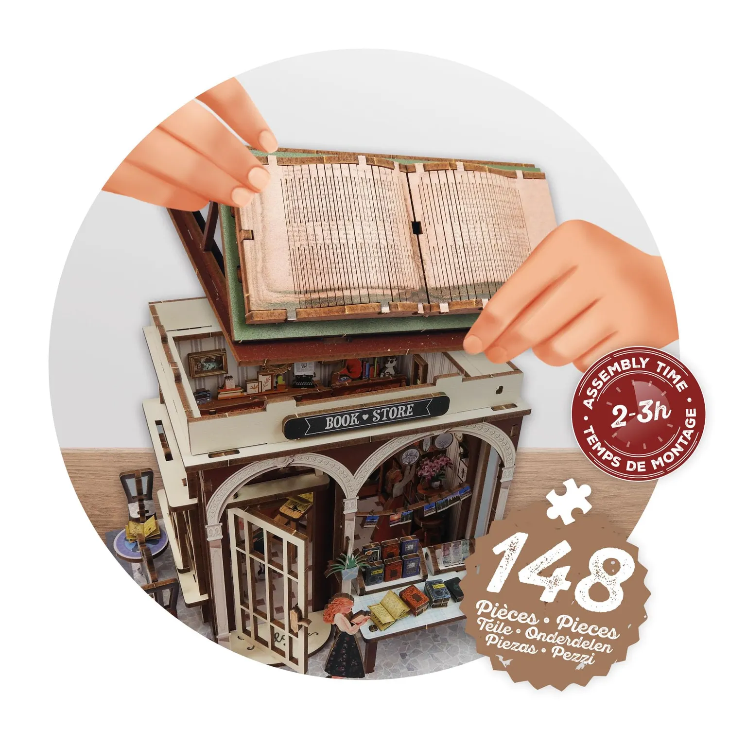 Buki 68074 Diorama Buchhandlung Holz-Bausatz 148 LED