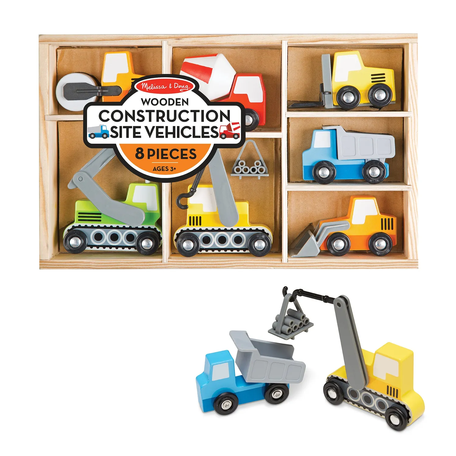Melissa and Doug Wooden Construction Site Vehicles Baufahrzeuge 8-teilig