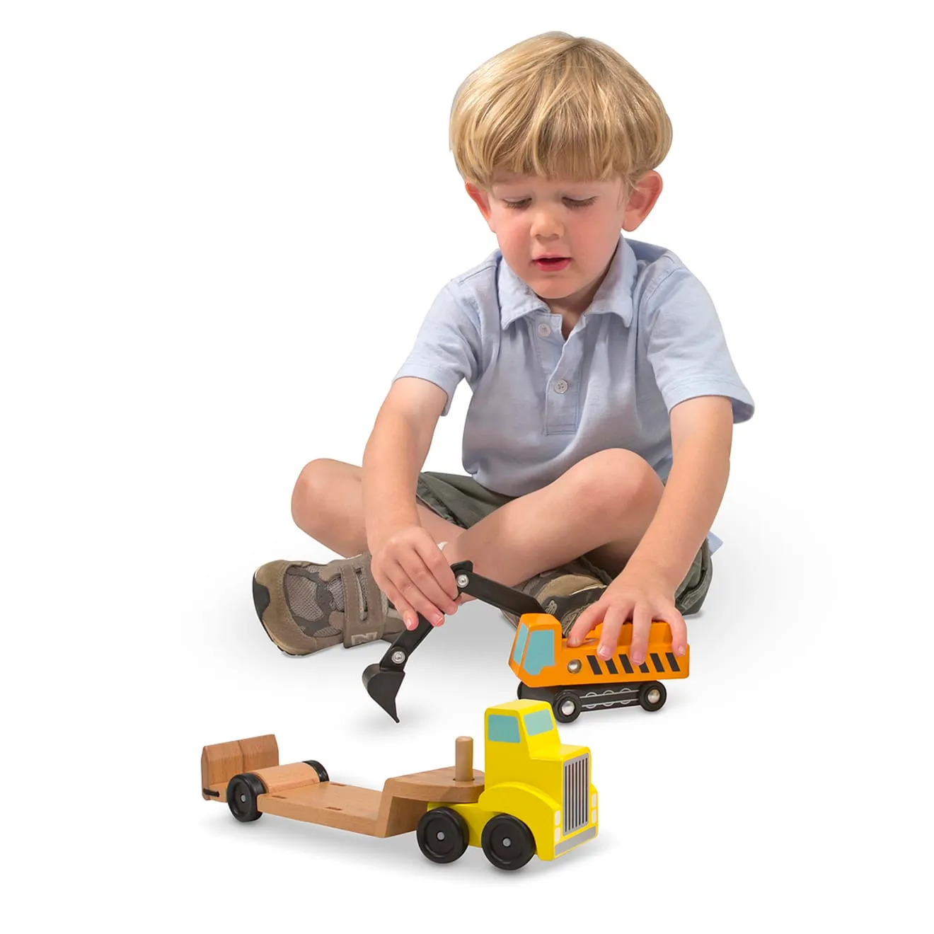 Melissa & Doug Trailer Excavator Holzfahrzeug-Set 3-teilig