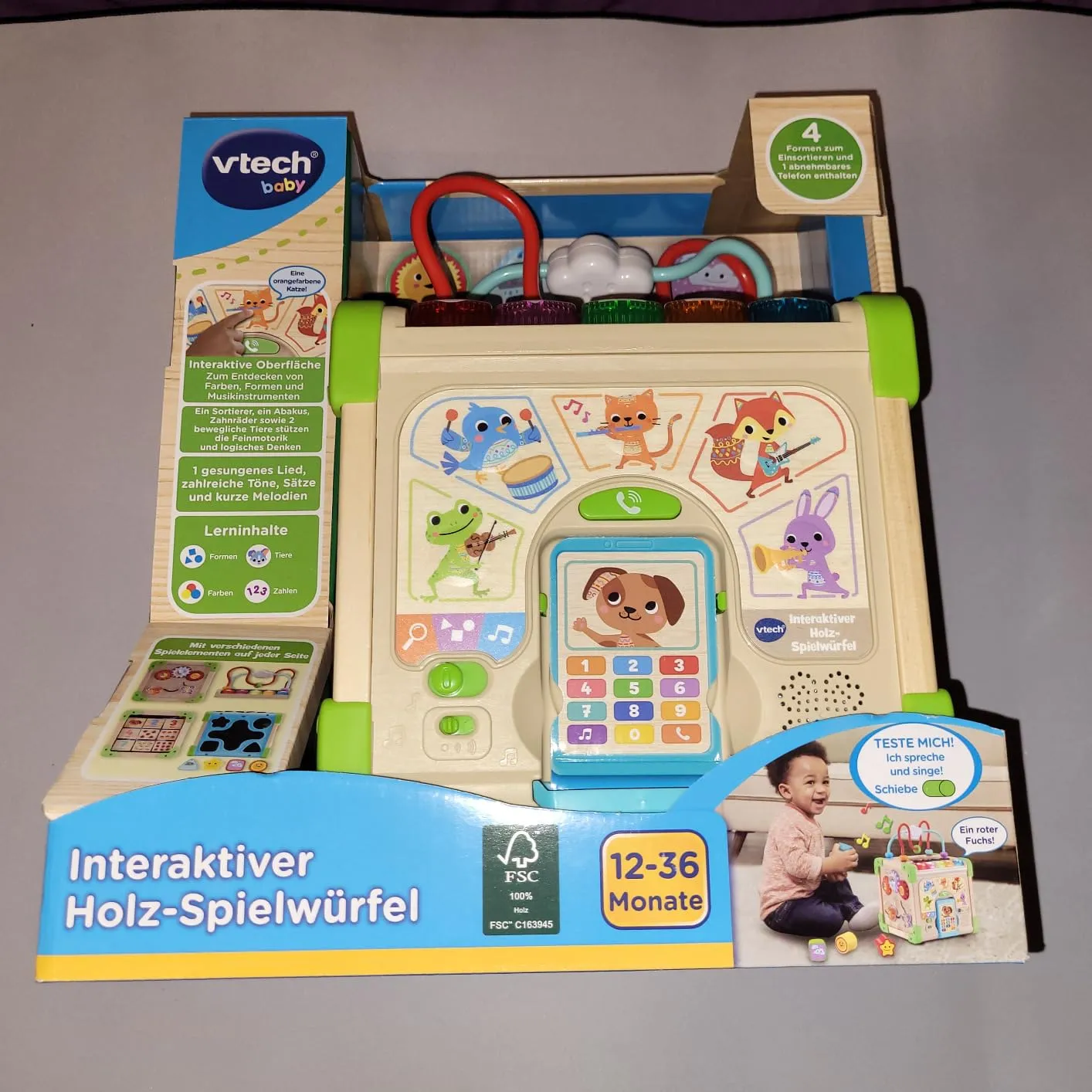 VTech Holz-Spielwürfel Interaktiv FSC Lernwürfel 12-36 Monate