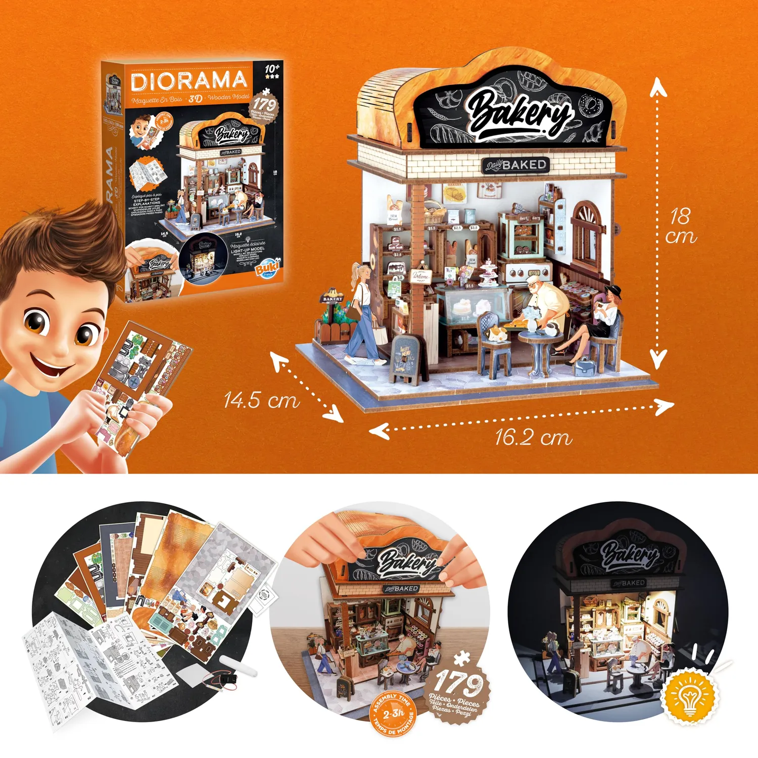 Buki 68073 Diorama Bäckerei Holz-Bausatz 179 Teile LED