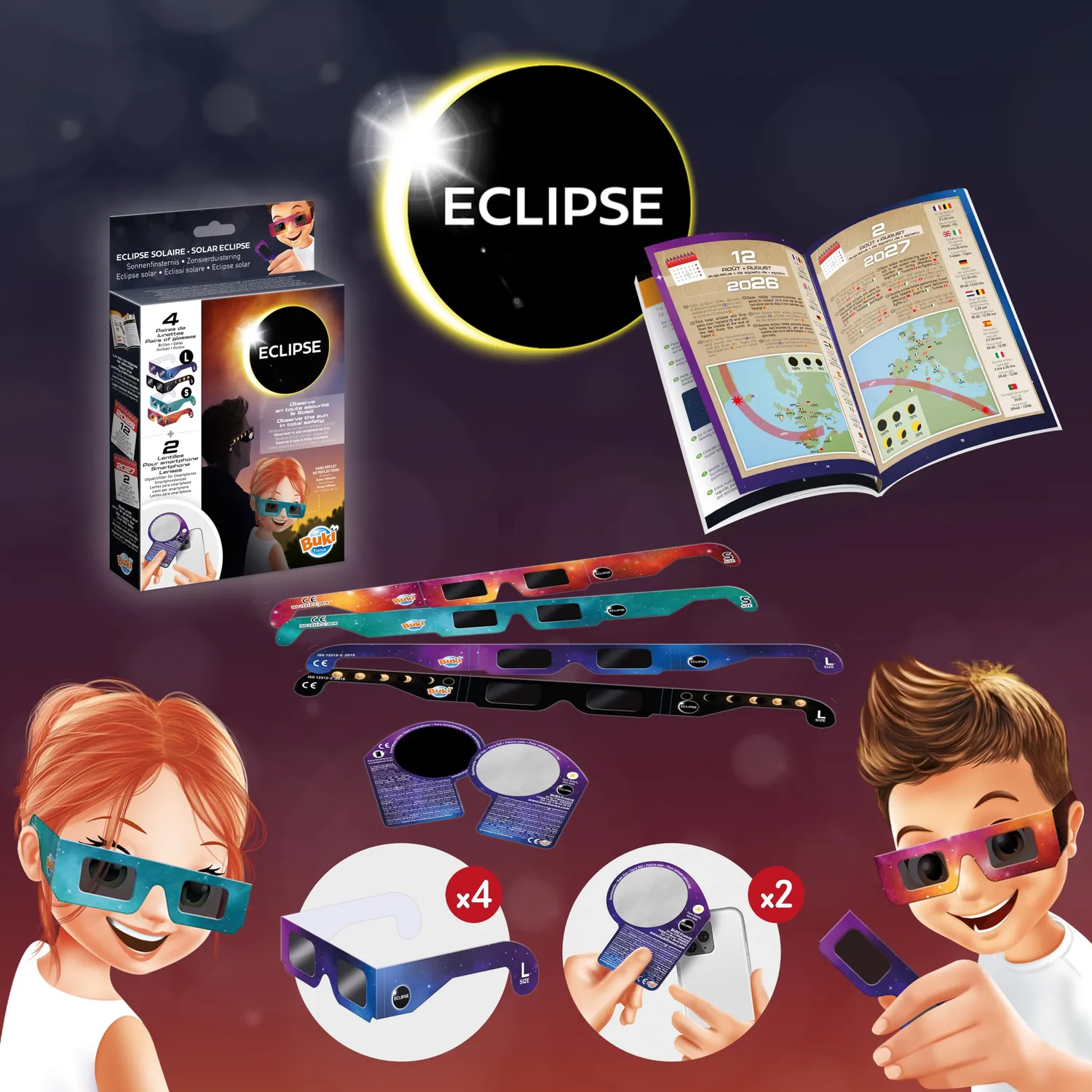 Buki Sonnenfinsternis-Brille Family Pack 4 Brillen + Filter