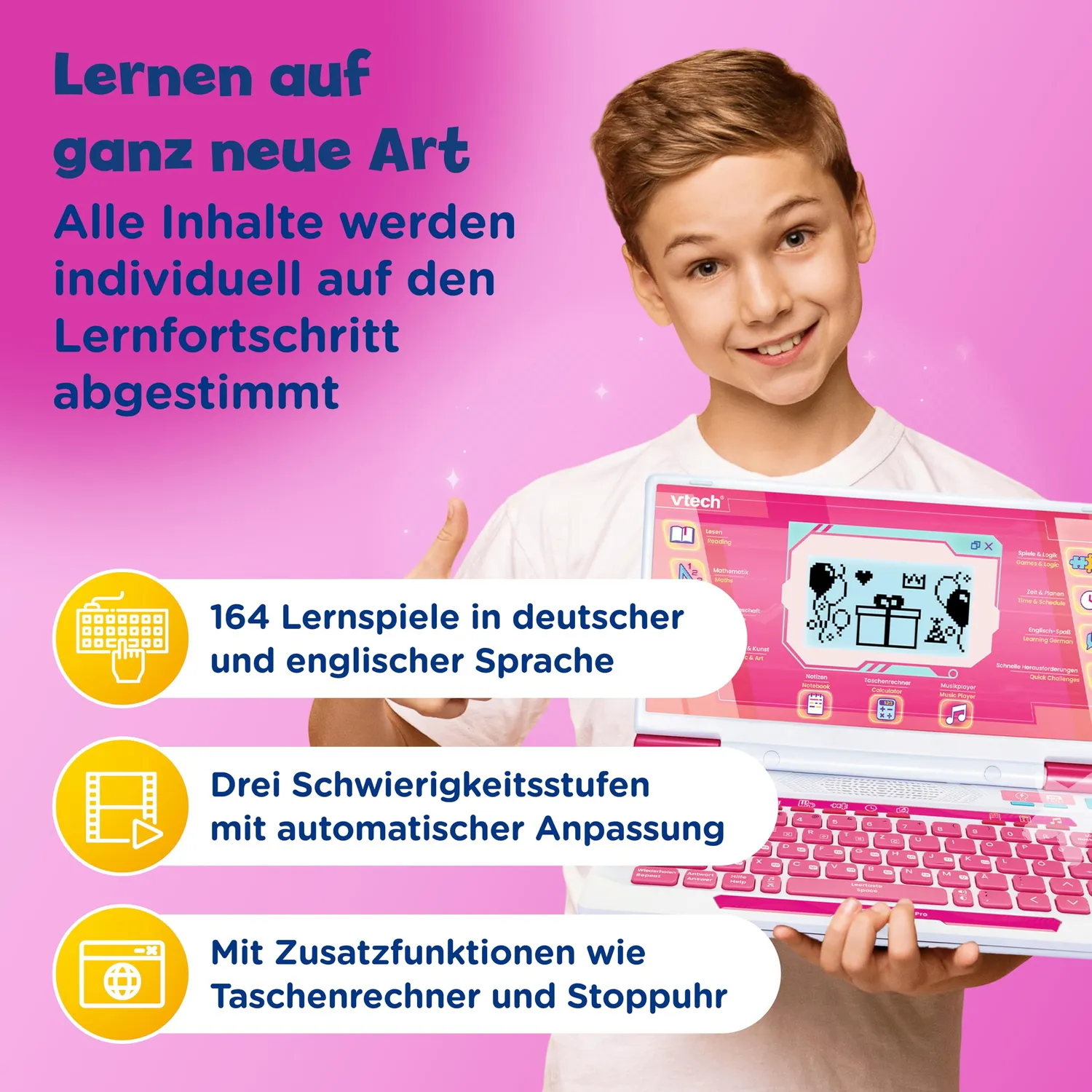 VTech Explorer Laptop Pro Pink Lerncomputer 164 Spiele QWERTZ