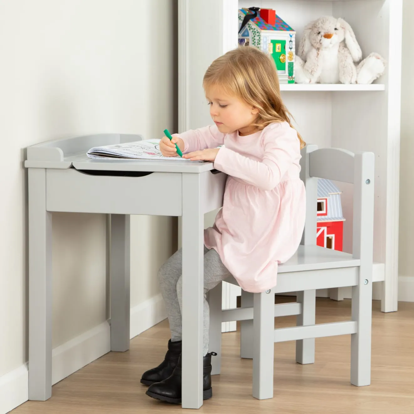 Melissa & Doug Lift-Top Desk Kinderschreibtisch mit Stuhl grau