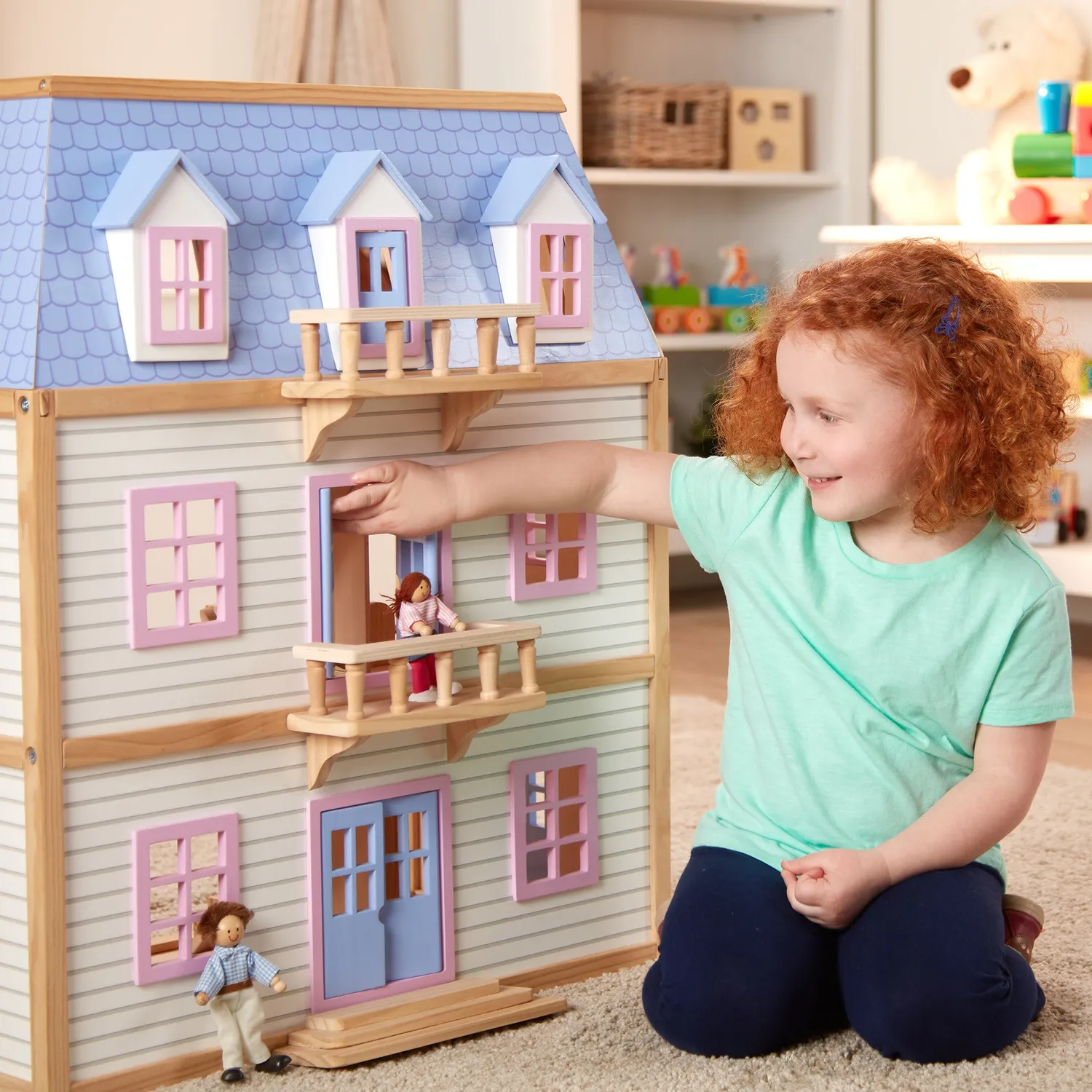 Melissa & Doug Puppenhaus Holz 3-stöckig mit Möbeln