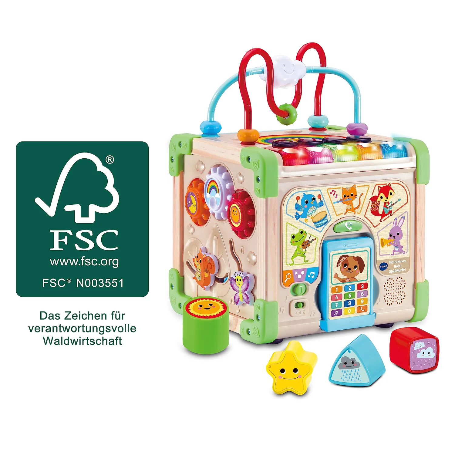 VTech Holz-Spielwürfel Interaktiv FSC Lernwürfel 12-36 Monate