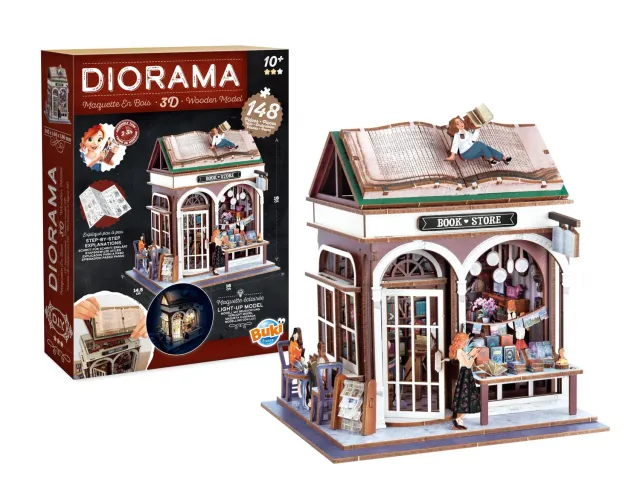 Buki 68074 Diorama Buchhandlung Holz-Bausatz 148 LED