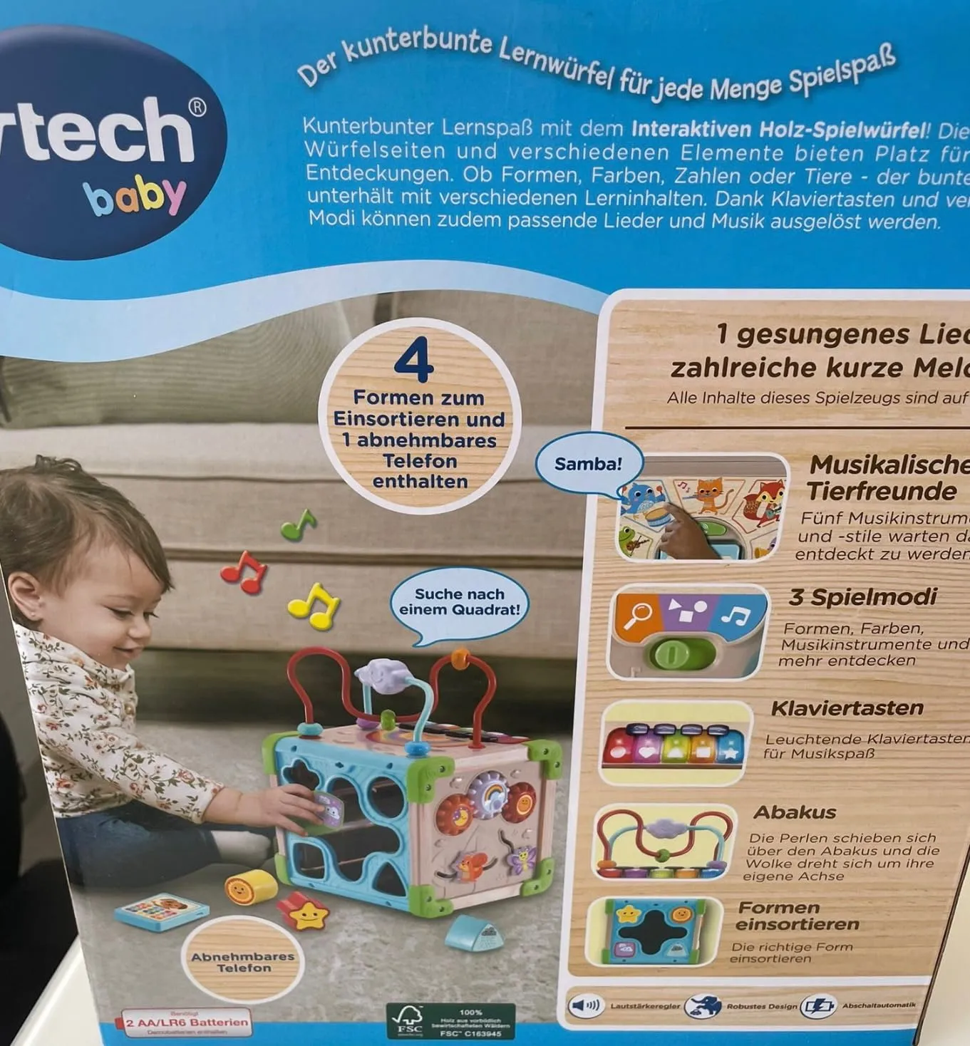 VTech Holz-Spielwürfel Interaktiv FSC Lernwürfel 12-36 Monate