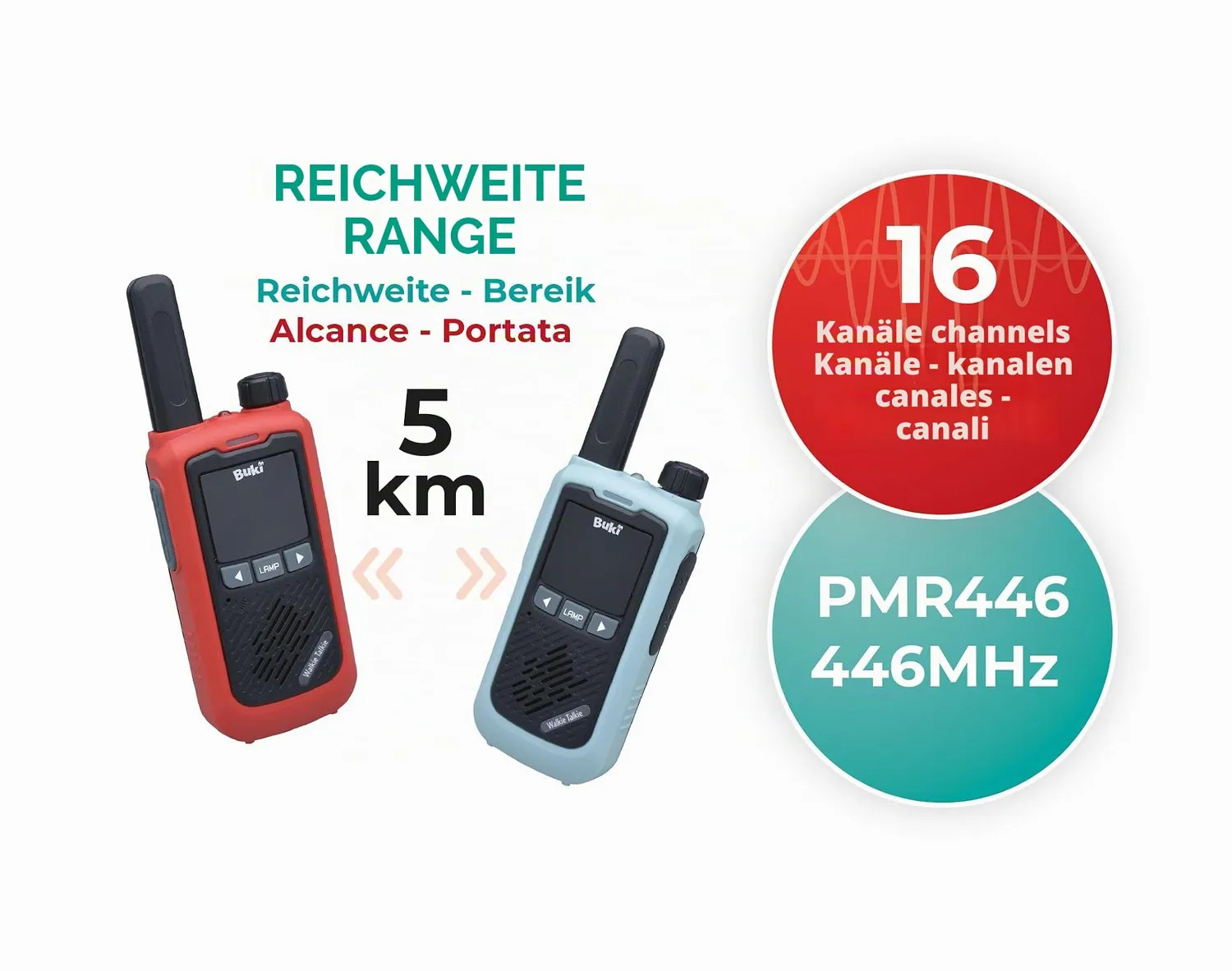Buki TW05 Walkie Talkie schwarz 2er-Set 5 km wiederaufladbar