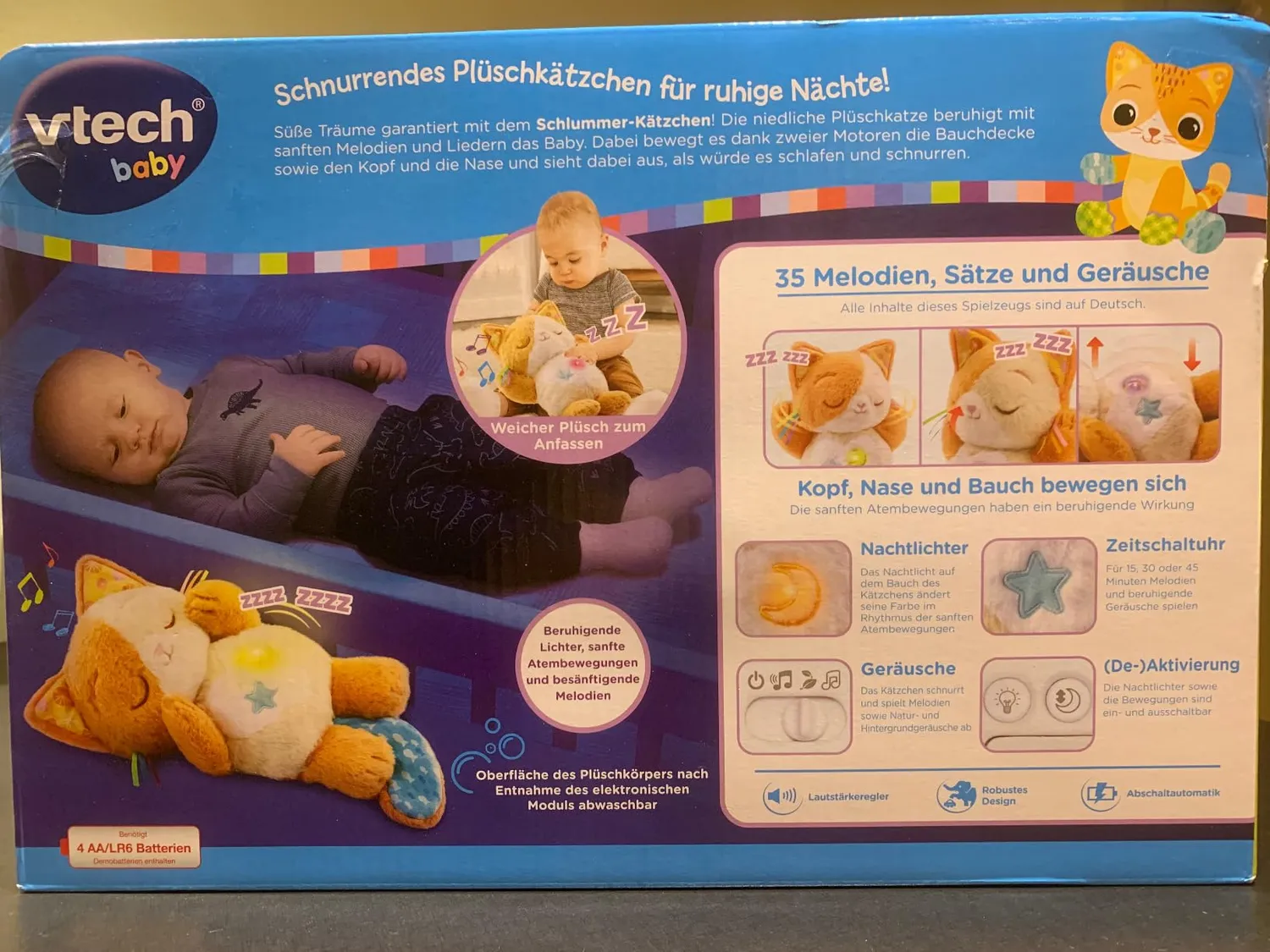VTech Baby Schlummer-Kätzchen Kuscheltier mit Nachtlicht 0-36 M.