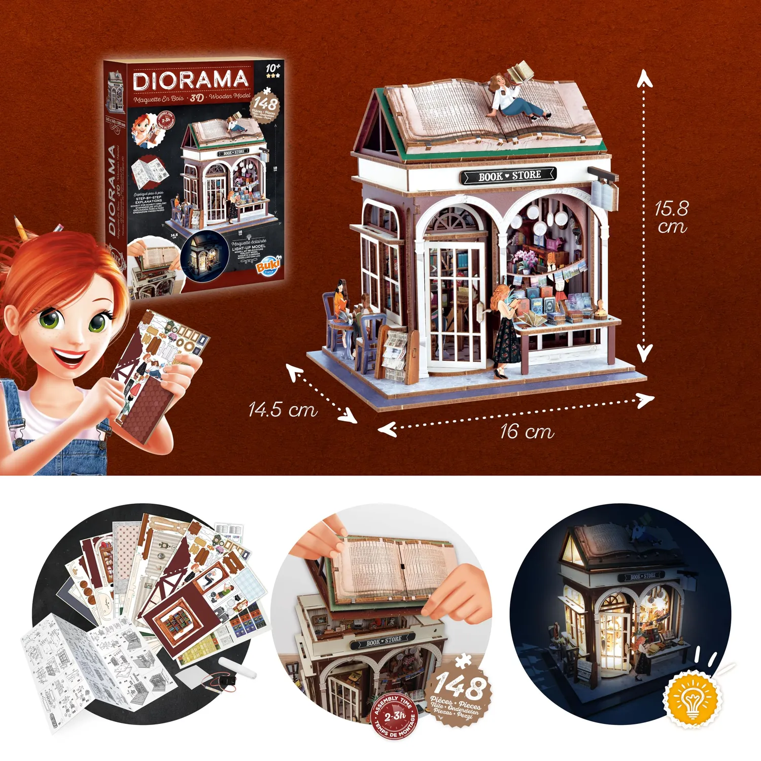 Buki 68074 Diorama Buchhandlung Holz-Bausatz 148 LED