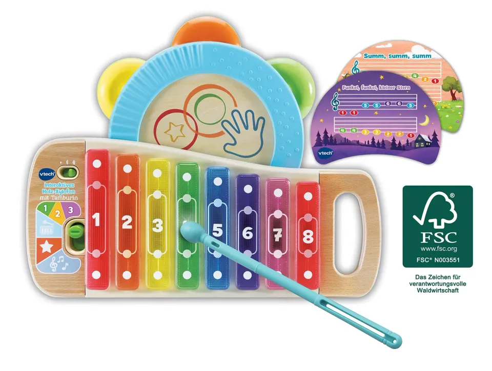 VTech Holz-Xylofon Tamburin Musikspielzeug 8 Klangstäbe